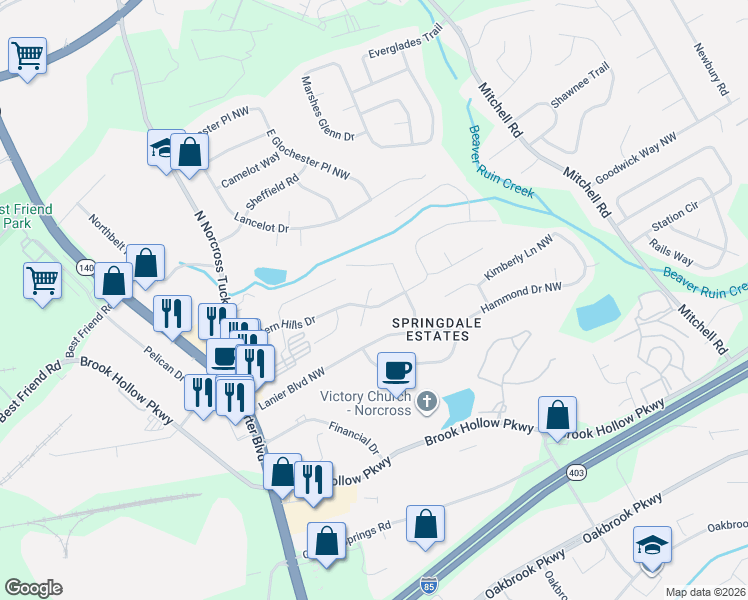 map of restaurants, bars, coffee shops, grocery stores, and more near 5867 Western Hills Drive in Norcross