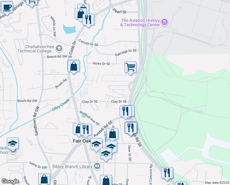 map of restaurants, bars, coffee shops, grocery stores, and more near 300b Clay Drive in Marietta