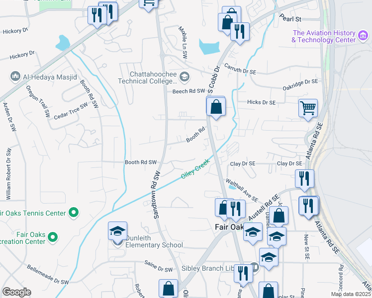 map of restaurants, bars, coffee shops, grocery stores, and more near 74 Grampian Way in Marietta