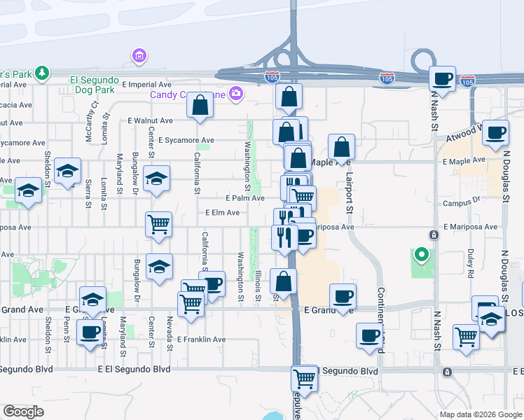 map of restaurants, bars, coffee shops, grocery stores, and more near 617 Illinois Court in El Segundo