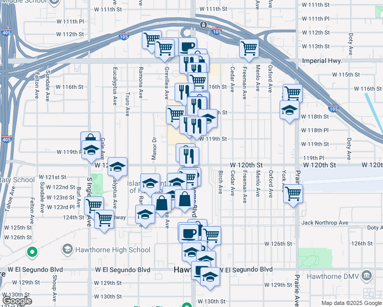 map of restaurants, bars, coffee shops, grocery stores, and more near 11967 Hawthorne Boulevard in Hawthorne
