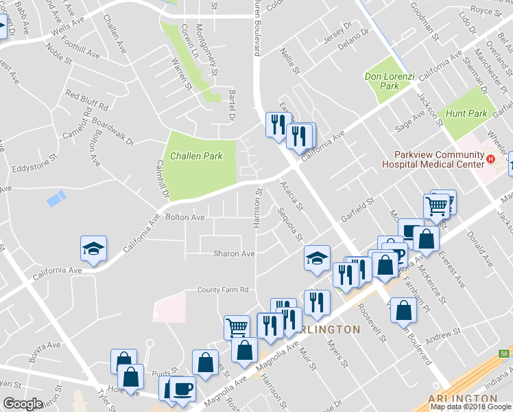 map of restaurants, bars, coffee shops, grocery stores, and more near 4159 Harrison Street in Riverside