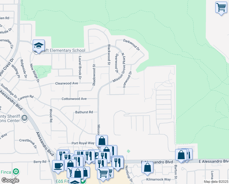 map of restaurants, bars, coffee shops, grocery stores, and more near 521 Peachwood Place in Riverside