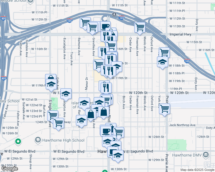 map of restaurants, bars, coffee shops, grocery stores, and more near 11967 Hawthorne Boulevard in Hawthorne