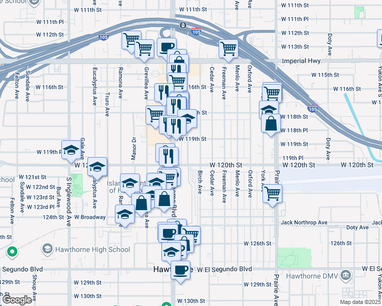 map of restaurants, bars, coffee shops, grocery stores, and more near 11950 Acacia Avenue in Hawthorne