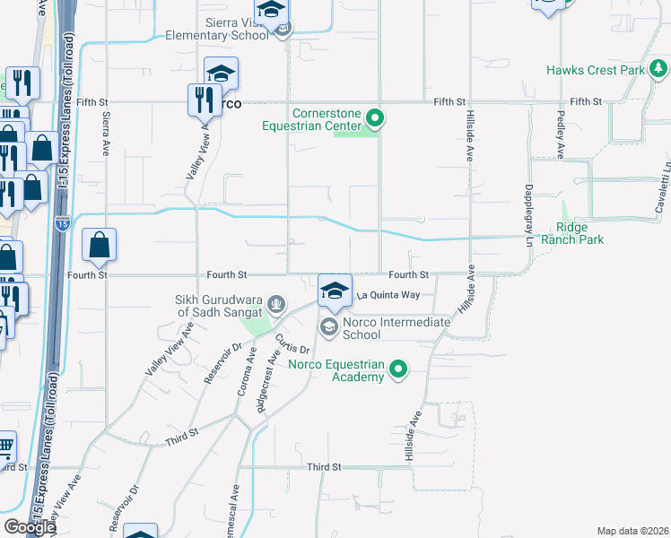 map of restaurants, bars, coffee shops, grocery stores, and more near 999 4th Street in Norco