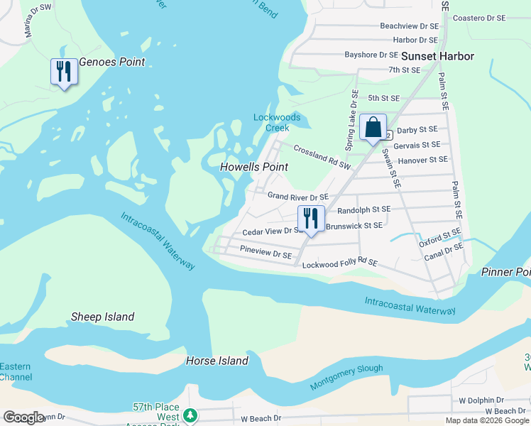 map of restaurants, bars, coffee shops, grocery stores, and more near Point Road Southeast in Brunswick County