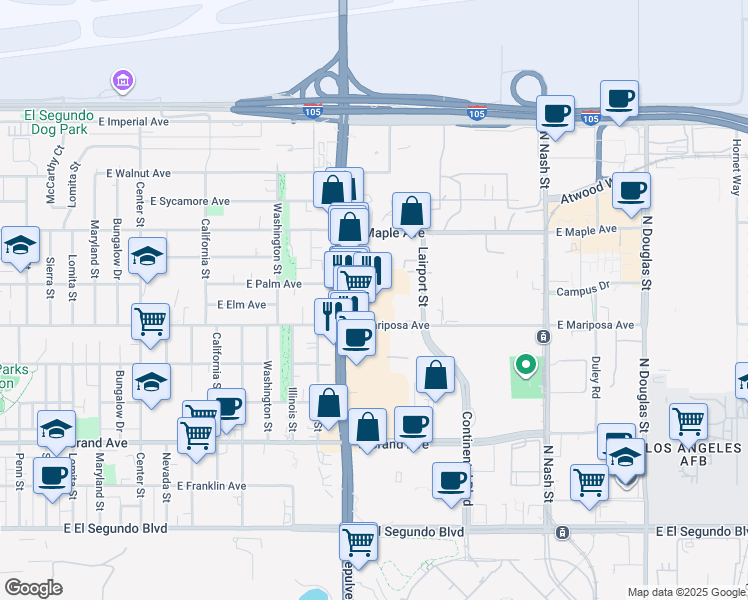 map of restaurants, bars, coffee shops, grocery stores, and more near 630 North Sepulveda Boulevard in El Segundo