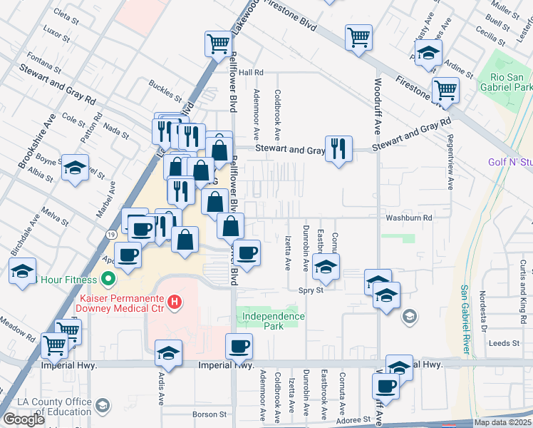 map of restaurants, bars, coffee shops, grocery stores, and more near 9301 Washburn Road in Downey