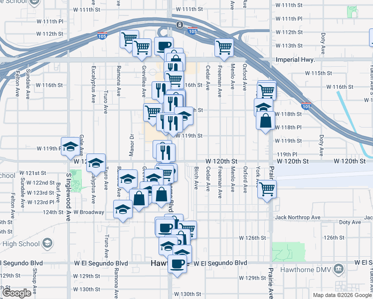 map of restaurants, bars, coffee shops, grocery stores, and more near 11950 Acacia Avenue in Hawthorne