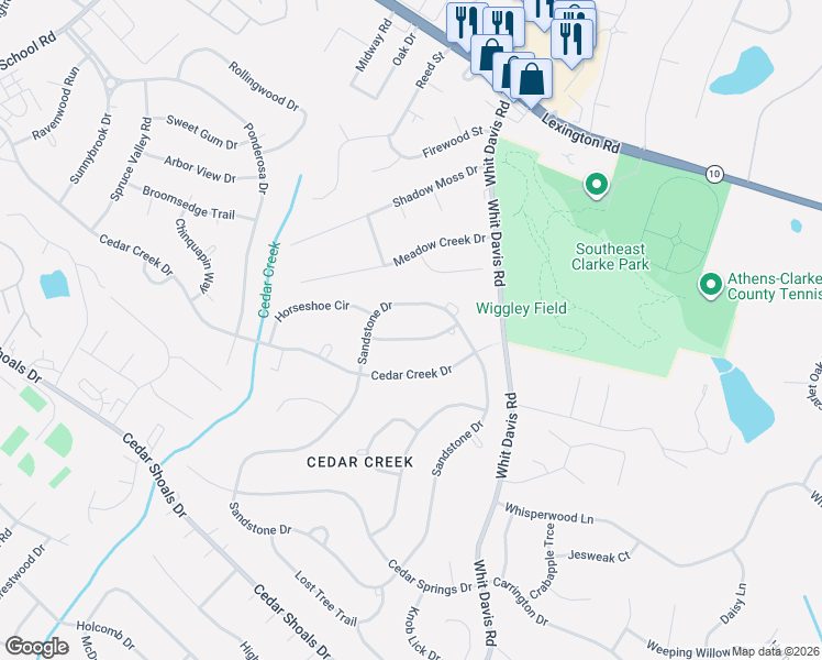 map of restaurants, bars, coffee shops, grocery stores, and more near 135 Orchard Knob Lane in Athens