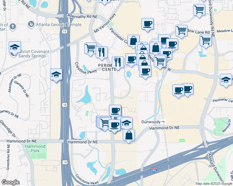 map of restaurants, bars, coffee shops, grocery stores, and more near 6205 Peachtree Dunwoody Road in Atlanta