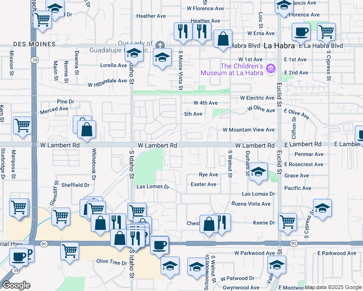map of restaurants, bars, coffee shops, grocery stores, and more near W Lambert Rd & S Monte Vista St in La Habra