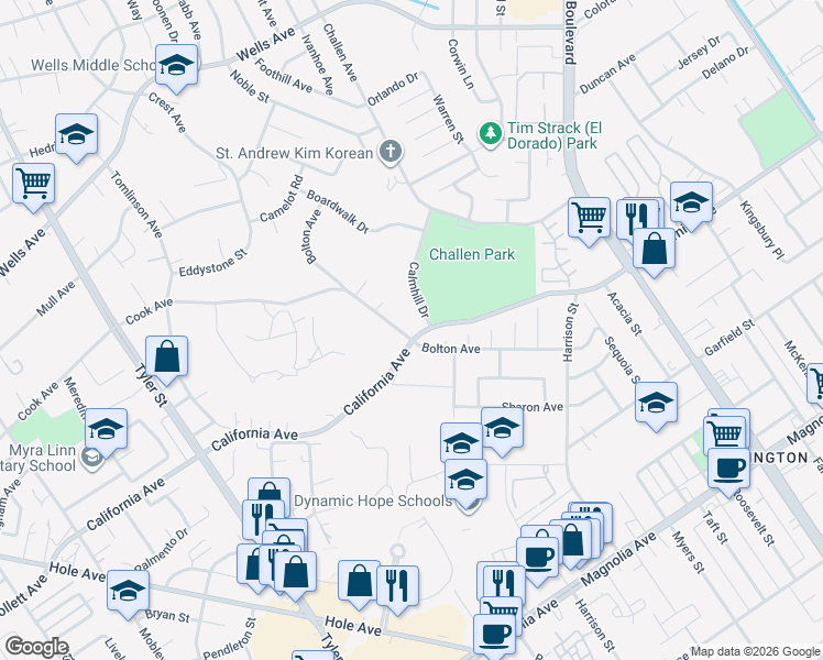 map of restaurants, bars, coffee shops, grocery stores, and more near 7707 Bolton Avenue in Riverside