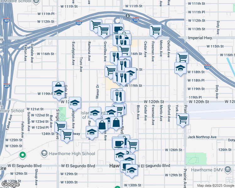 map of restaurants, bars, coffee shops, grocery stores, and more near 11965 Hawthorne Boulevard in Hawthorne