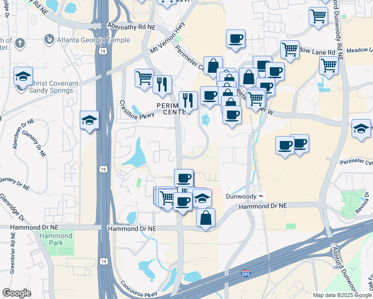 map of restaurants, bars, coffee shops, grocery stores, and more near 6205 Peachtree Dunwoody Road in Atlanta