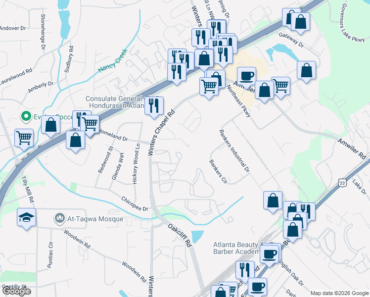 map of restaurants, bars, coffee shops, grocery stores, and more near 2974 Aspen Woods Entry in Doraville