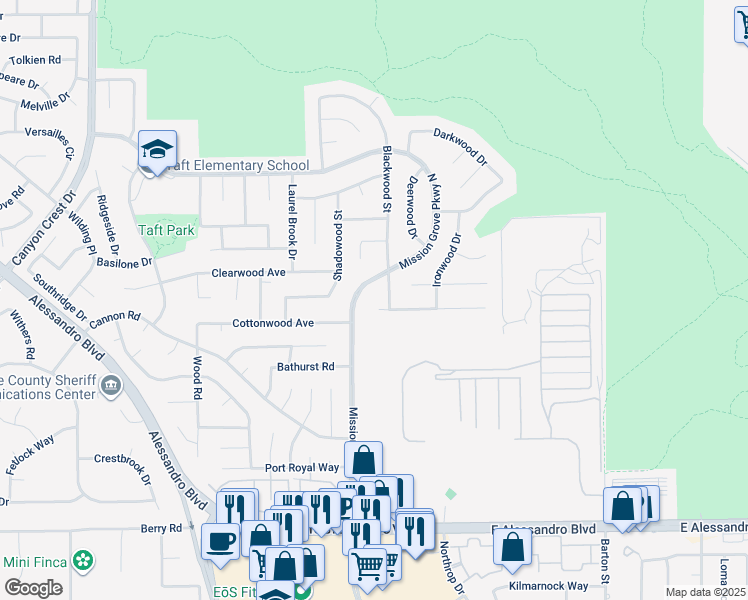 map of restaurants, bars, coffee shops, grocery stores, and more near 482 Peachwood Place in Riverside
