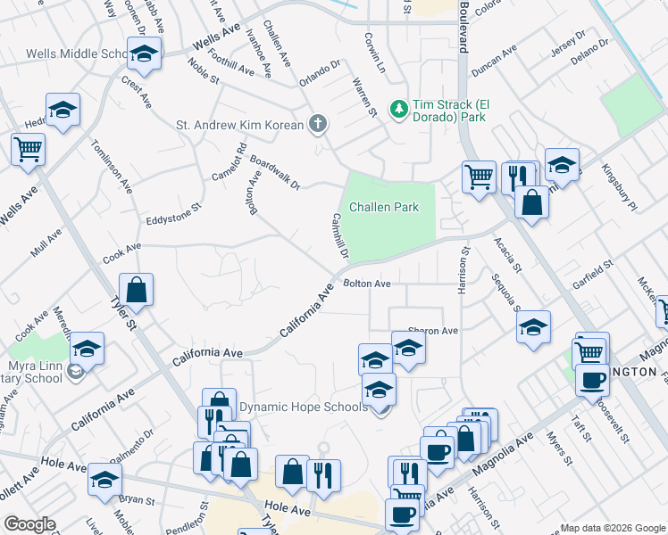 map of restaurants, bars, coffee shops, grocery stores, and more near 7707 Bolton Avenue in Riverside