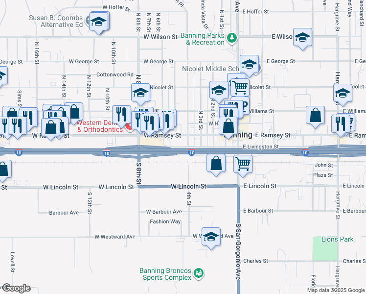 map of restaurants, bars, coffee shops, grocery stores, and more near 579 West Livingston Street in Banning
