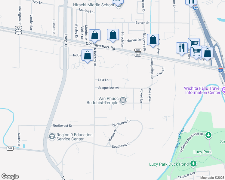 map of restaurants, bars, coffee shops, grocery stores, and more near 3141 Jacqueline Road in Wichita Falls