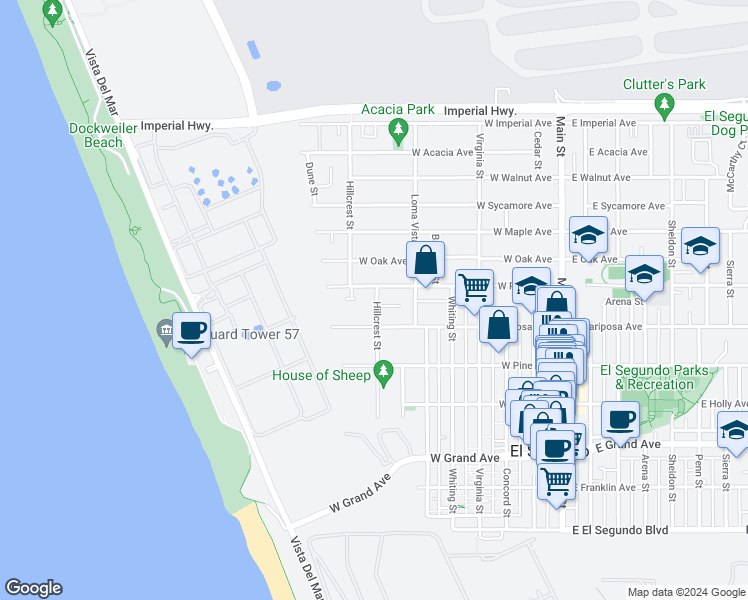 map of restaurants, bars, coffee shops, grocery stores, and more near 633 Hillcrest Street in El Segundo