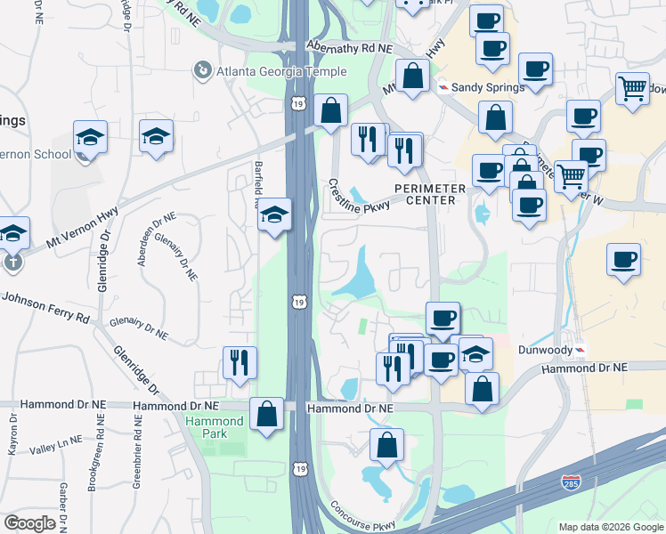 map of restaurants, bars, coffee shops, grocery stores, and more near 4 Basswood Circle Northeast in Atlanta