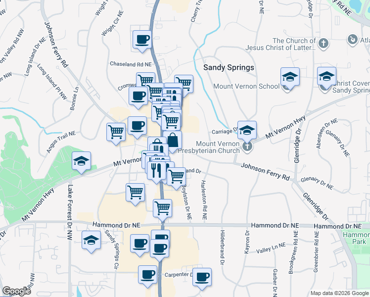 map of restaurants, bars, coffee shops, grocery stores, and more near 320 Mount Vernon Highway in Atlanta