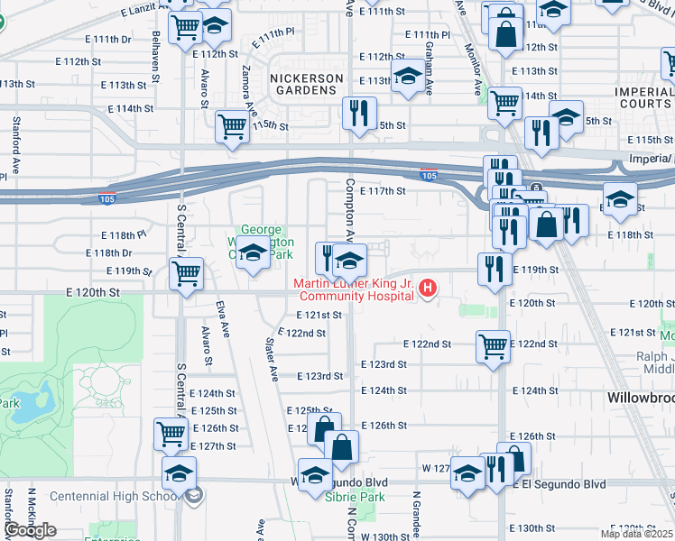 map of restaurants, bars, coffee shops, grocery stores, and more near 1563 East 119th Street in Los Angeles