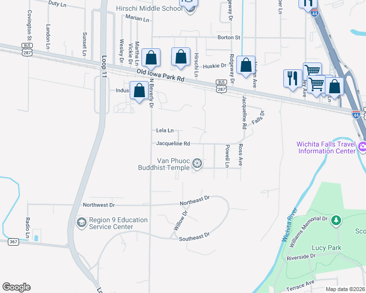 map of restaurants, bars, coffee shops, grocery stores, and more near 3141 Jacqueline Road in Wichita Falls