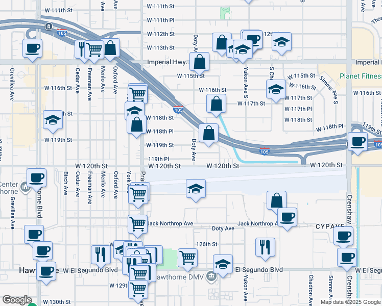 map of restaurants, bars, coffee shops, grocery stores, and more near 11925 Doty Avenue in Hawthorne