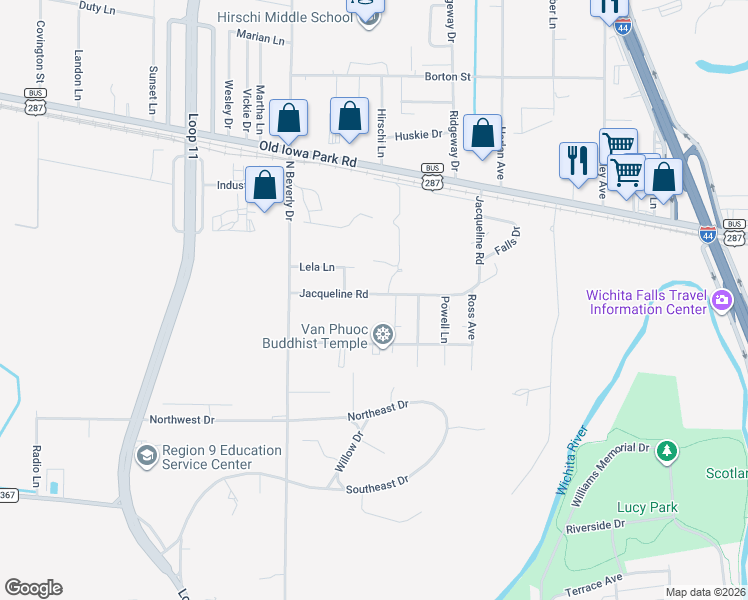 map of restaurants, bars, coffee shops, grocery stores, and more near 3141 Jacqueline Road in Wichita Falls