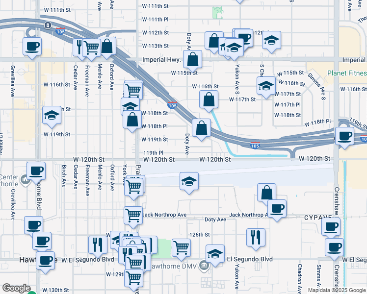 map of restaurants, bars, coffee shops, grocery stores, and more near 11925 Doty Avenue in Hawthorne
