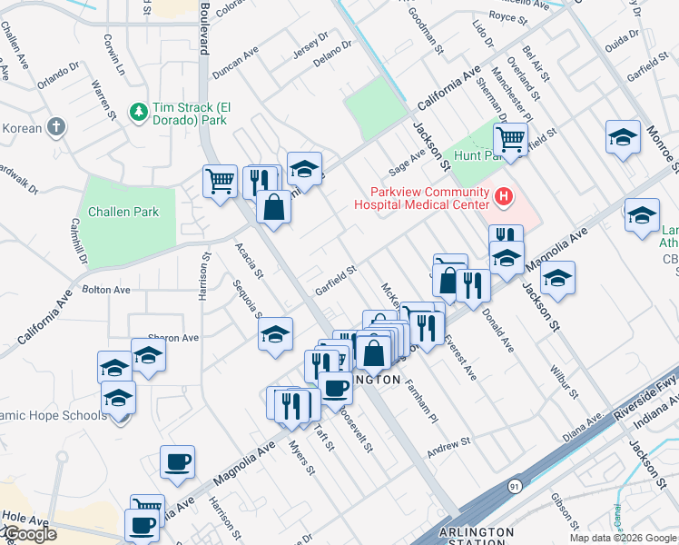 map of restaurants, bars, coffee shops, grocery stores, and more near 9413 Garfield Street in Riverside