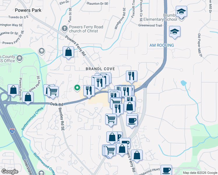 map of restaurants, bars, coffee shops, grocery stores, and more near 1049 Powers Ferry Road Southeast in Marietta
