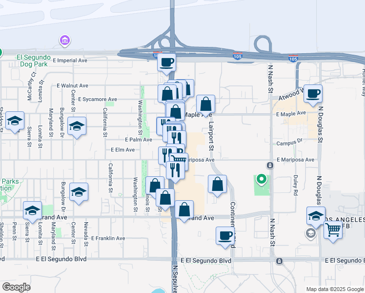 map of restaurants, bars, coffee shops, grocery stores, and more near 630 North Sepulveda Boulevard in El Segundo