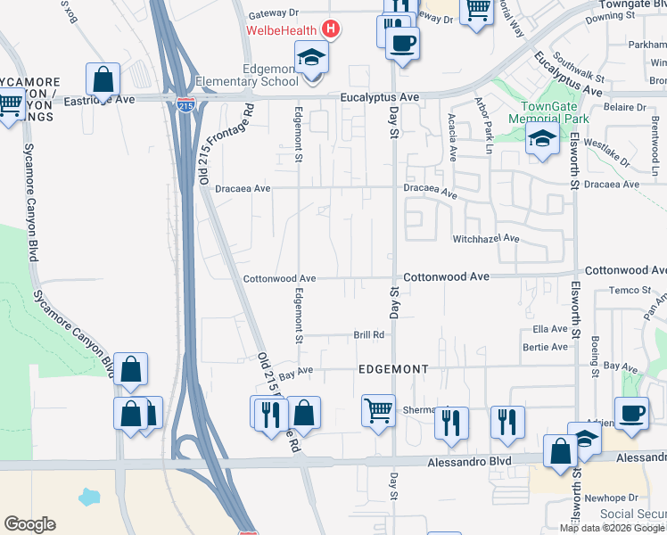 map of restaurants, bars, coffee shops, grocery stores, and more near 21817 Cottonwood Avenue in Moreno Valley