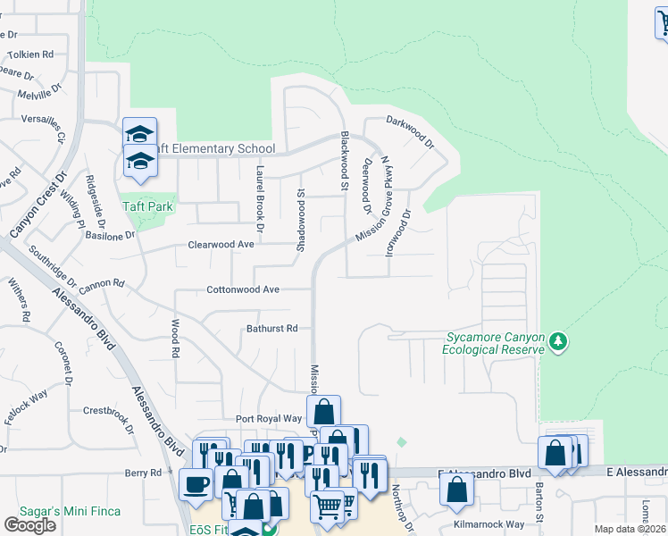 map of restaurants, bars, coffee shops, grocery stores, and more near 473 Peachwood Place in Riverside