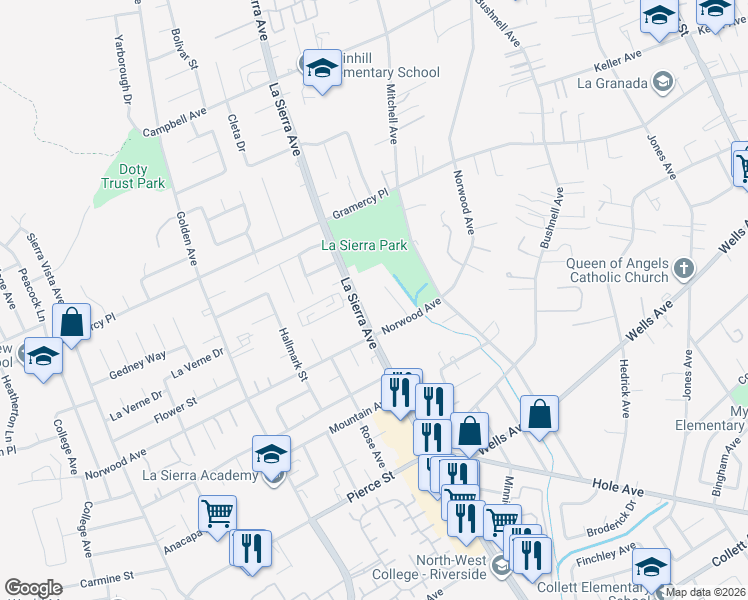 map of restaurants, bars, coffee shops, grocery stores, and more near 11005 Norwood Avenue in Riverside