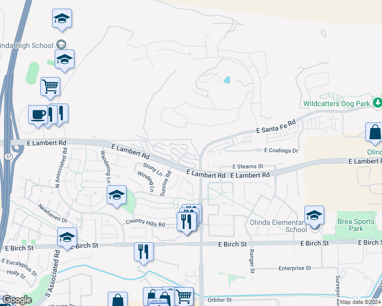 map of restaurants, bars, coffee shops, grocery stores, and more near 2599 Sandpebble Lane in Brea