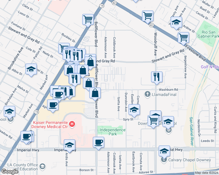 map of restaurants, bars, coffee shops, grocery stores, and more near 9250 Washburn Road in Downey