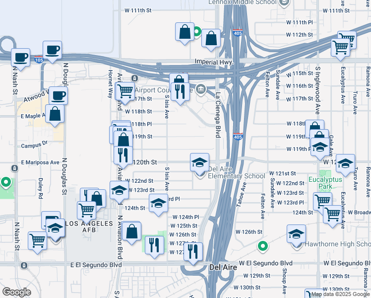 map of restaurants, bars, coffee shops, grocery stores, and more near 5309 West 120th Street in Inglewood