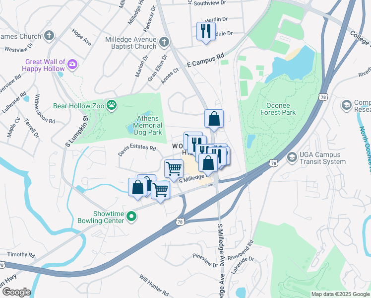 map of restaurants, bars, coffee shops, grocery stores, and more near 2026 South Milledge Avenue in Athens