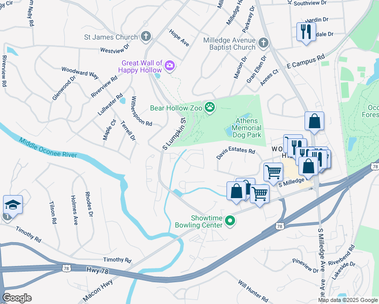 map of restaurants, bars, coffee shops, grocery stores, and more near 202 Sleepy Creek Drive in Athens