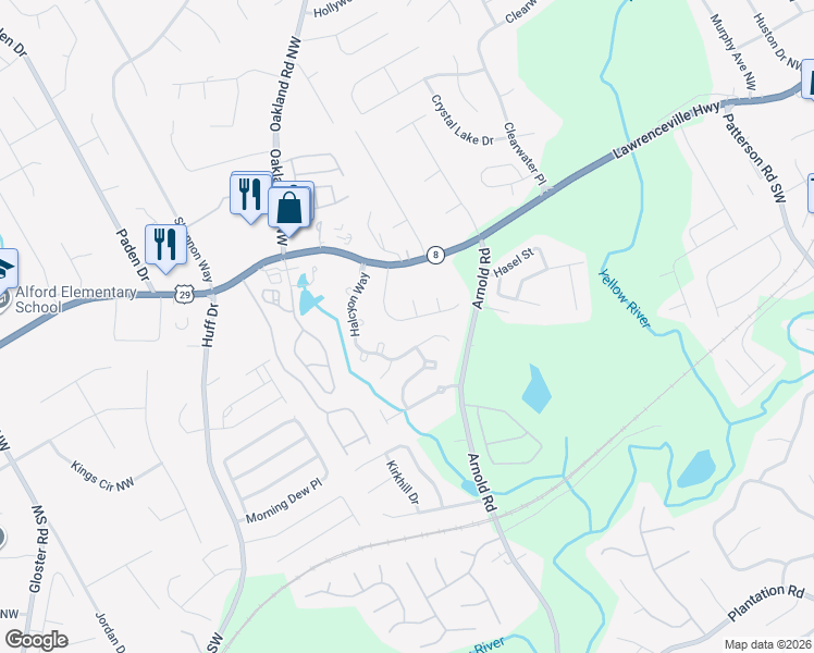 map of restaurants, bars, coffee shops, grocery stores, and more near 295 Taggart Run Northwest in Lawrenceville