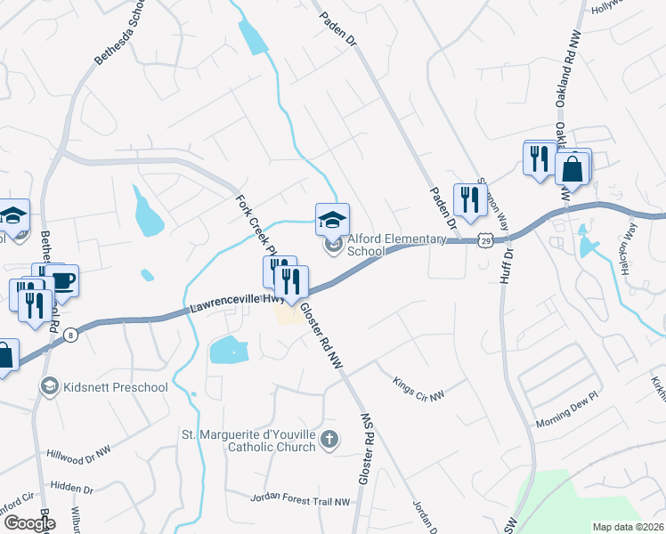 map of restaurants, bars, coffee shops, grocery stores, and more near 2656 Lawrenceville Highway in Lawrenceville
