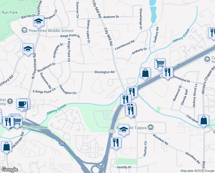 map of restaurants, bars, coffee shops, grocery stores, and more near 2462 Chestnut Landing in Atlanta
