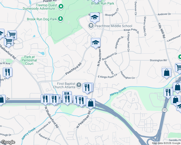 map of restaurants, bars, coffee shops, grocery stores, and more near 2168 North Forest Trail in Dunwoody