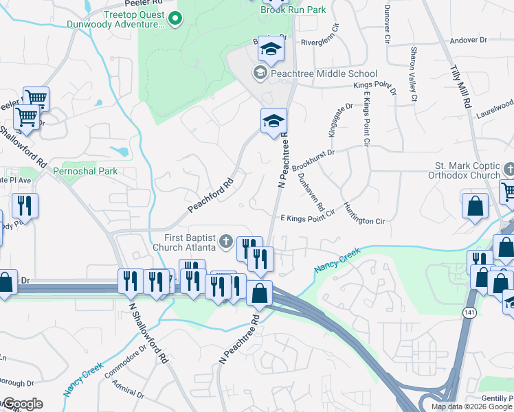 map of restaurants, bars, coffee shops, grocery stores, and more near 2219 North Forest Trail in Dunwoody