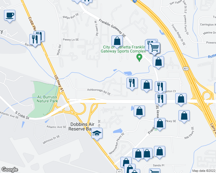 map of restaurants, bars, coffee shops, grocery stores, and more near 1814 Ashborough Road Southeast in Marietta
